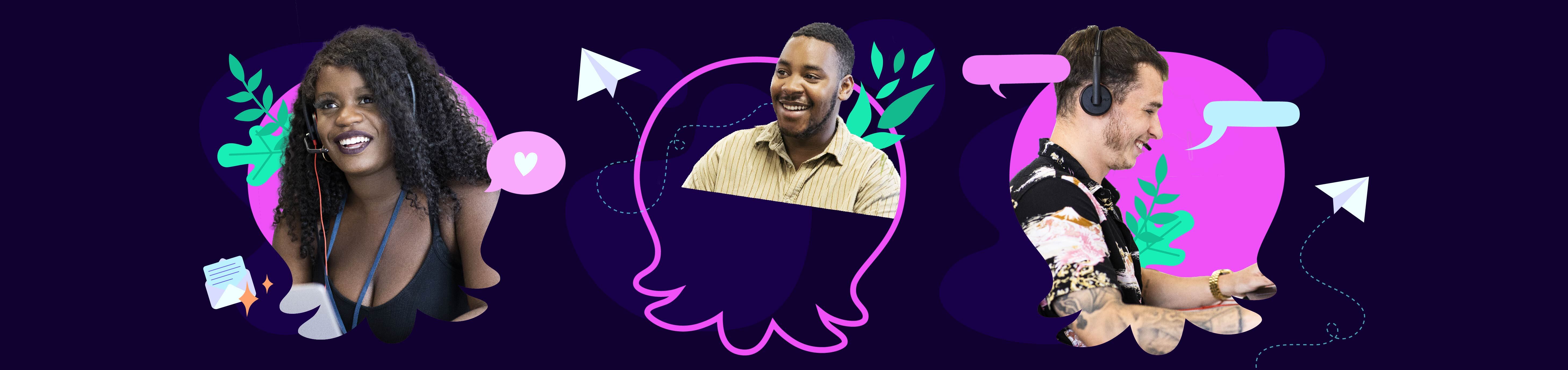 Photos of three members of our operations team answering phone calls, surrounded by illustrations of leaves, speech bubbles, and emojis
