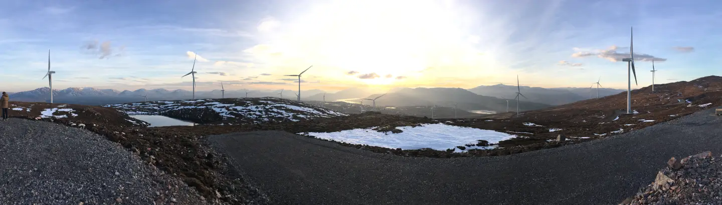wind turbine farm amongst mountains